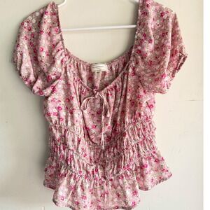 Womens Pink Floral Smocked Blouse Puff Sleeve Peplum Cottagecore Milkmaid Top